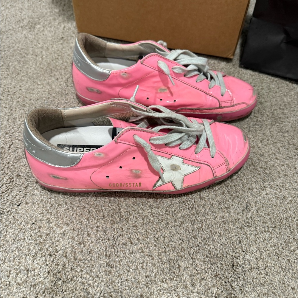 Golden Goose Pink Leather Superstar Sneakers with Silver Heel Tab